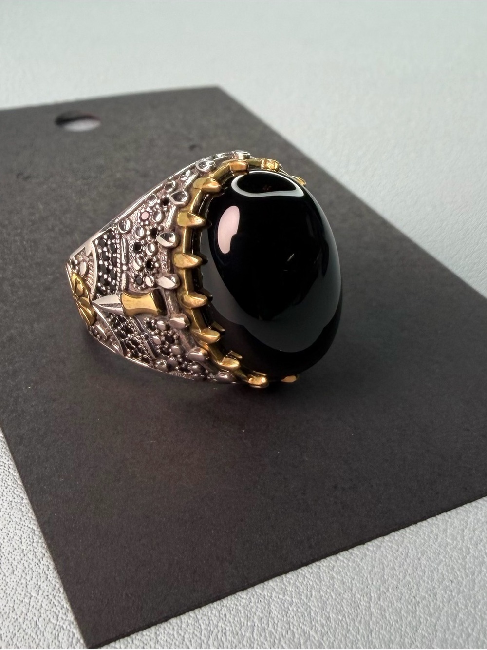 Men's Black Onyx Statement Ring with Two-Tone Metal Accents | 925